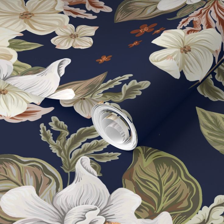 a wallpaper with white flowers and green leaves on it's blue back ground