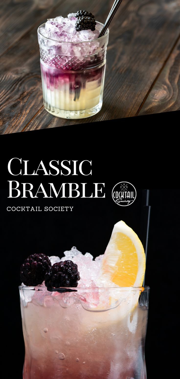 the classic bramble cocktail is served in a tall glass with ice and blackberries