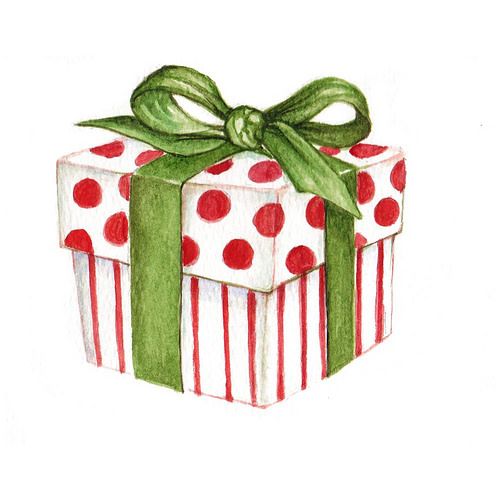 a drawing of a present box with a green bow on it's ribbon and polka dots