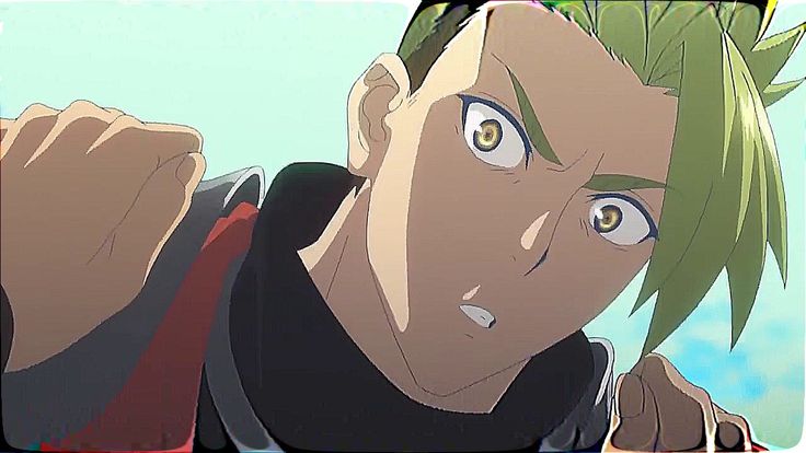 an anime character with green hair pointing his finger at something in the air and looking up