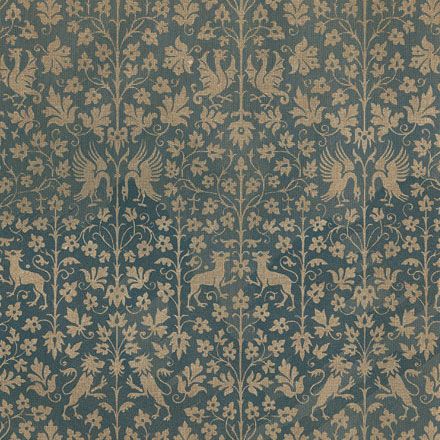 an old wallpaper with flowers and deers on blue, gold and white background