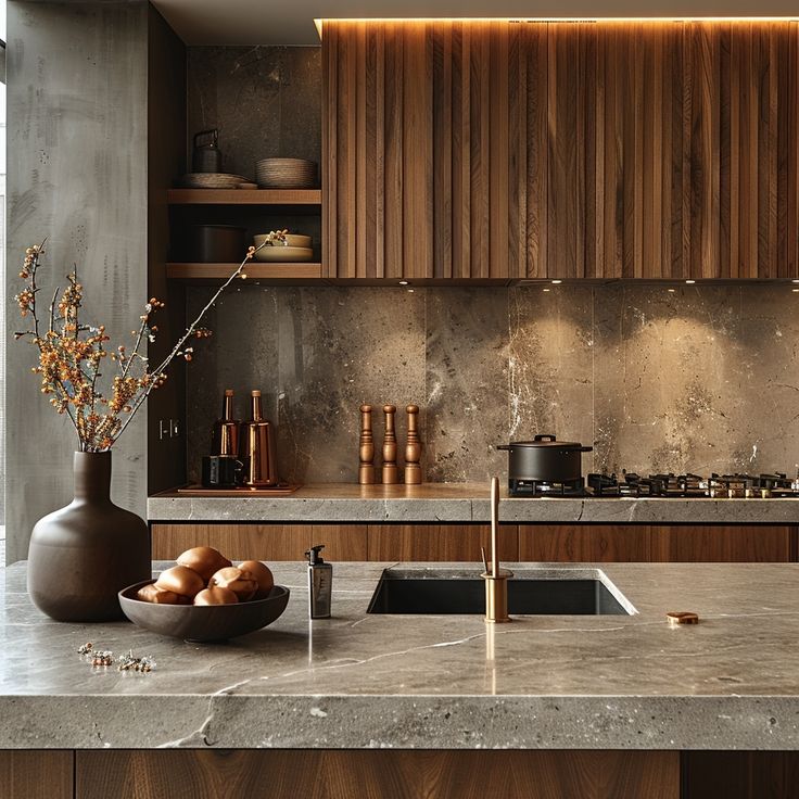 a modern kitchen with marble counter tops and wooden cabinetry is pictured in this image