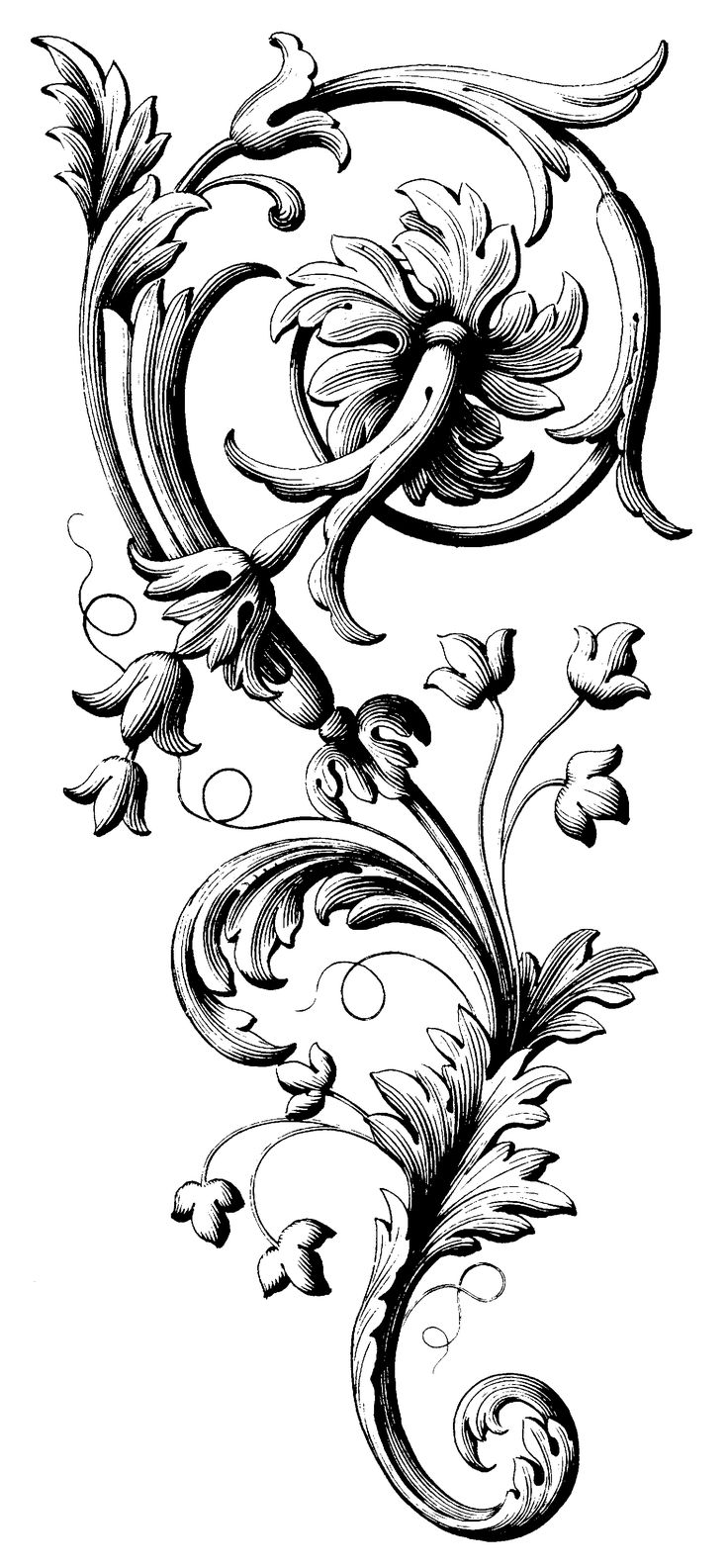 an ornate design in black and white