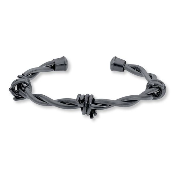 Styled in black stainless steel, this men's cuff bracelet is fashioned in the shape of barbed wire for a distinctive look. Barbed Wire Art, Wire Cuff Bracelet, Mens Cuff Bracelets, Double Cartilage Piercing, Streetwear Jewelry, Fire Jewelry, Barb Wire, Multiple Ear Piercings, Wire Cuff