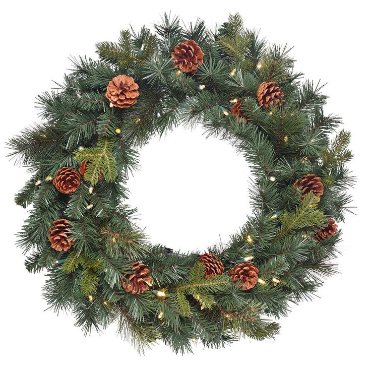 a christmas wreath with pine cones and lights