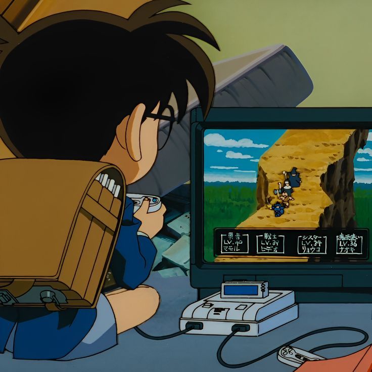 an animated image of a boy playing video games on the nintendo wii in front of a computer screen