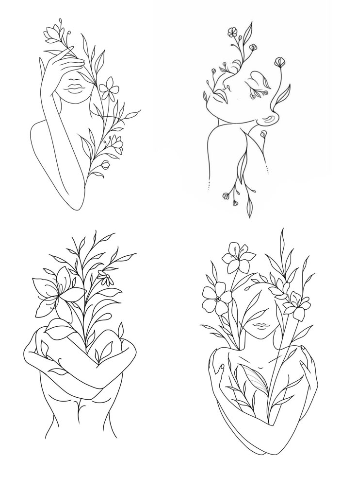 four different types of flowers in vases with faces drawn on the top and bottom