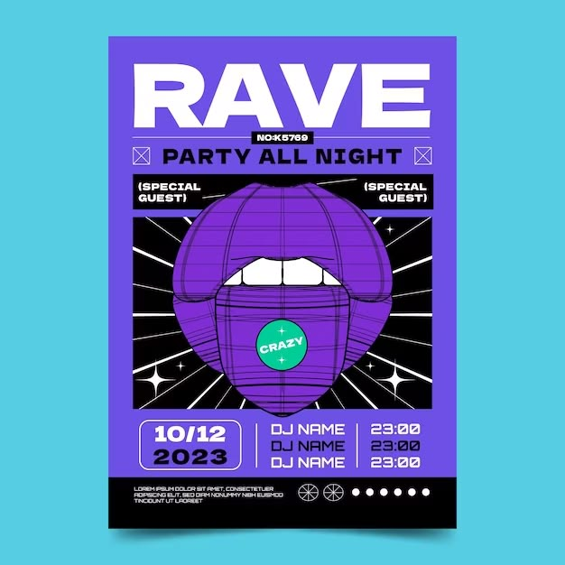 the rave party poster is displayed on a blue background