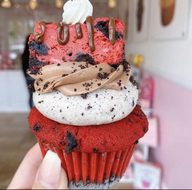 a hand holding up a cupcake with chocolate frosting and sprinkles