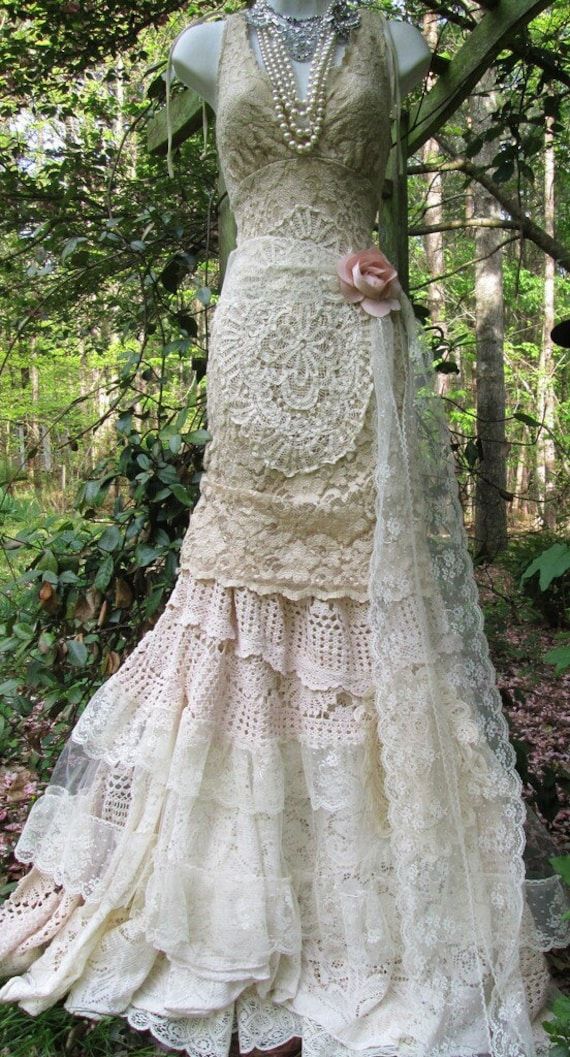 Crochet , lace and tulle maxi length wedding dress Custom made to your measurements Cream Bohemian Fitted Lace, Bohemian Fitted Wedding Dress With Lace Trim, Cream Lace Floor-length Wedding Dress, Bohemian Lace Fitted Wedding Dress, Bohemian Lace Patchwork For Wedding, Cream Crochet Lace Dress For Wedding, Vintage Wedding Dress With Crochet Lace, Vintage Crochet Lace Wedding Dress, Mermaid Boho Wedding Dress