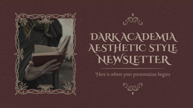 a woman holding a book in her hand and the words darkacadema aesthetic style newsetter