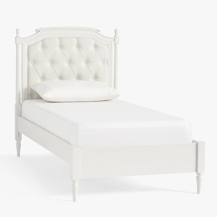 We've designed the favorite Blythe Tufted Bed with a low footboard so your little one can get in and out of their bed on any side. The stylish Blythe Collection features designer details and long-lasting construction. Hand-tufted washed linen cotton upholstery and fluted posts adorn the headboard while carved rope molding, detailed finials and lathe-turned legs are other details of this beautiful bed. The Blythe Tufted Bed is GREENGUARD Gold Certified, which means it's built to contribute to saf Pottery Barn Kids Blythe, Nursery Seating, Beautiful Bedroom Ideas, Glamorous Furniture, Grey Bedroom Decor, Full Headboard, Storage Beds, Bed Twin, Study Furniture