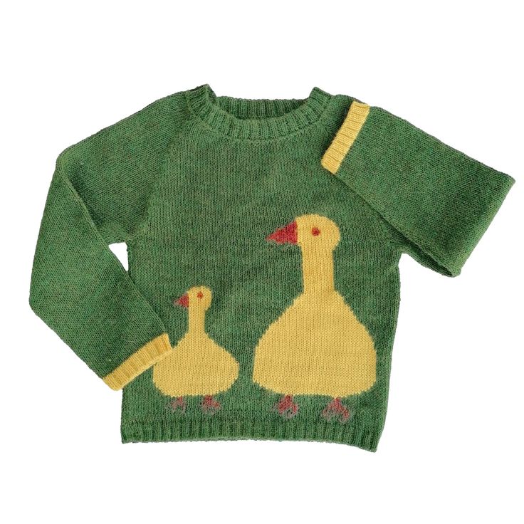 a green sweater with two ducks on the front and one duck on the back in yellow