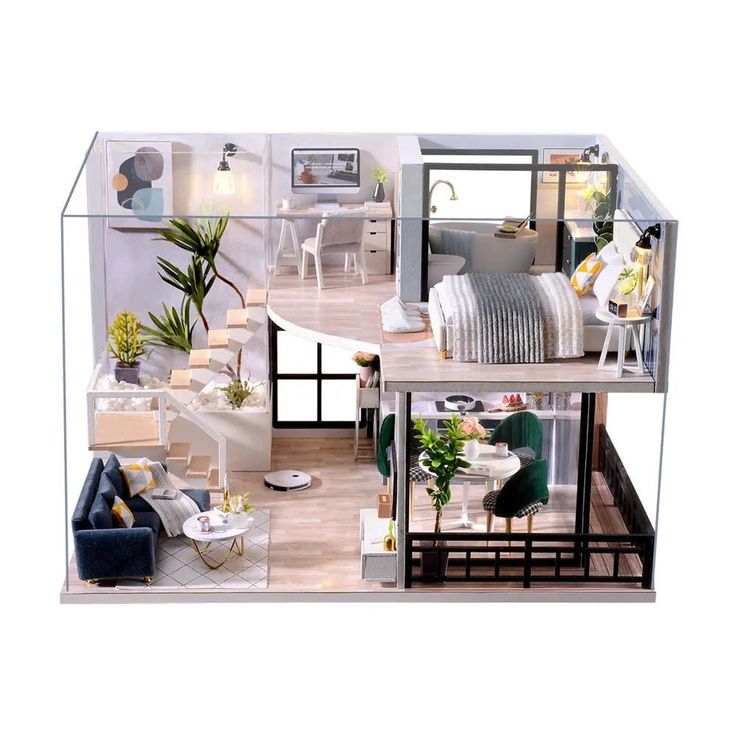 a doll house with furniture and accessories in the living room, dining area and bedroom