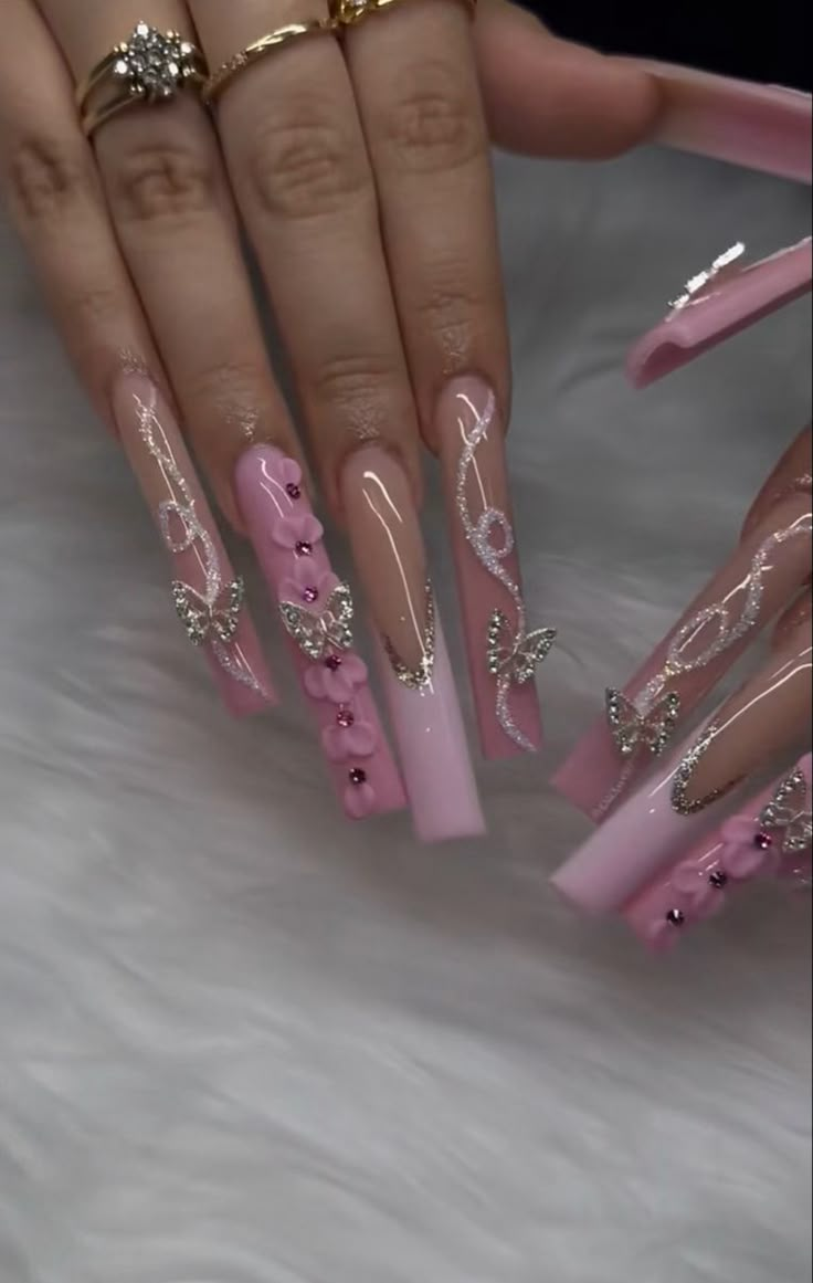 Acrylic Nail Designs Coffin Pink, Long Cute Nails Ideas, Nails Pink Long Square, Xl Baddie Nails, Xl Long Nails, Cute Long Nails Ideas, Xxxl Nails Designs, Nail Ideas Extra, Long Nails Extra