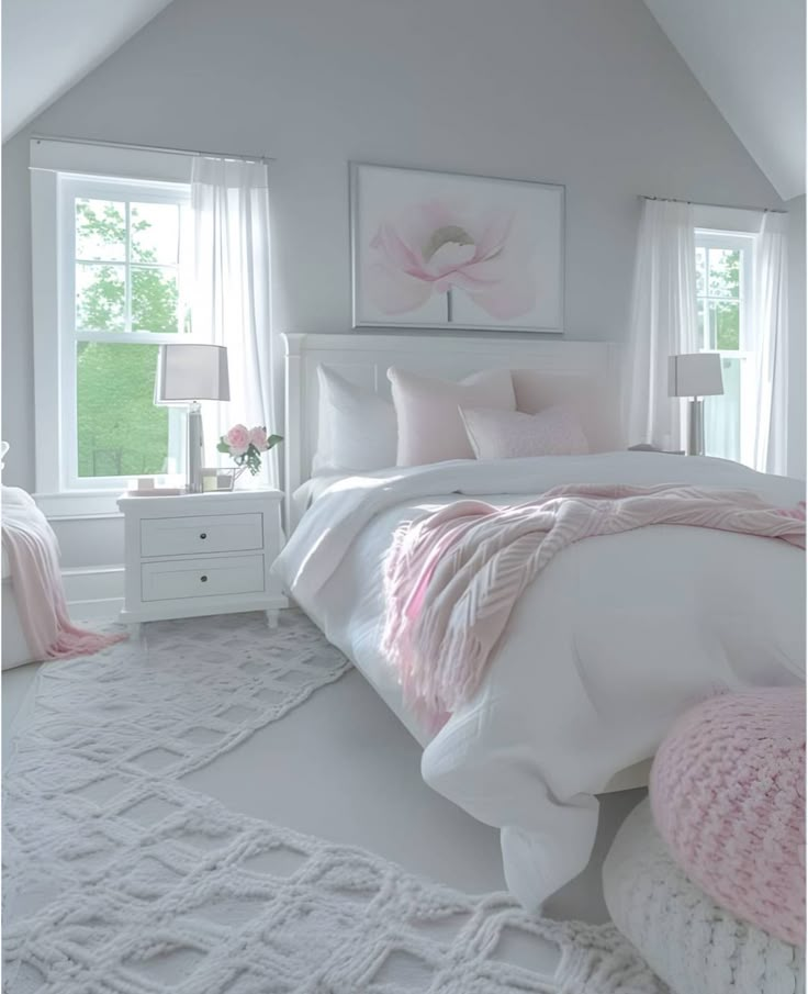 a white bedroom with pink accents on the pillows and bed linens, along with two windows