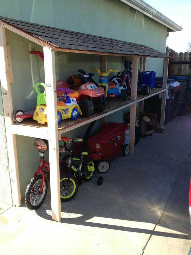 a garage filled with lots of different types of toys