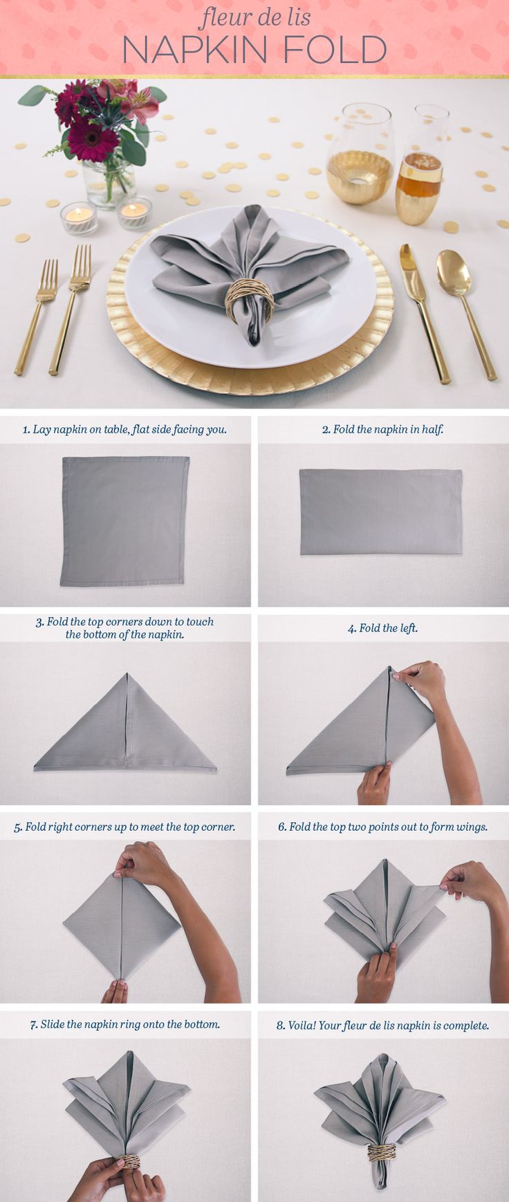 instructions to fold napkins on top of each other and place them on the table