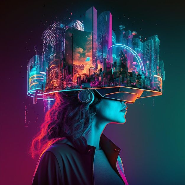 a woman wearing a futuristic headpiece with city lights in the background