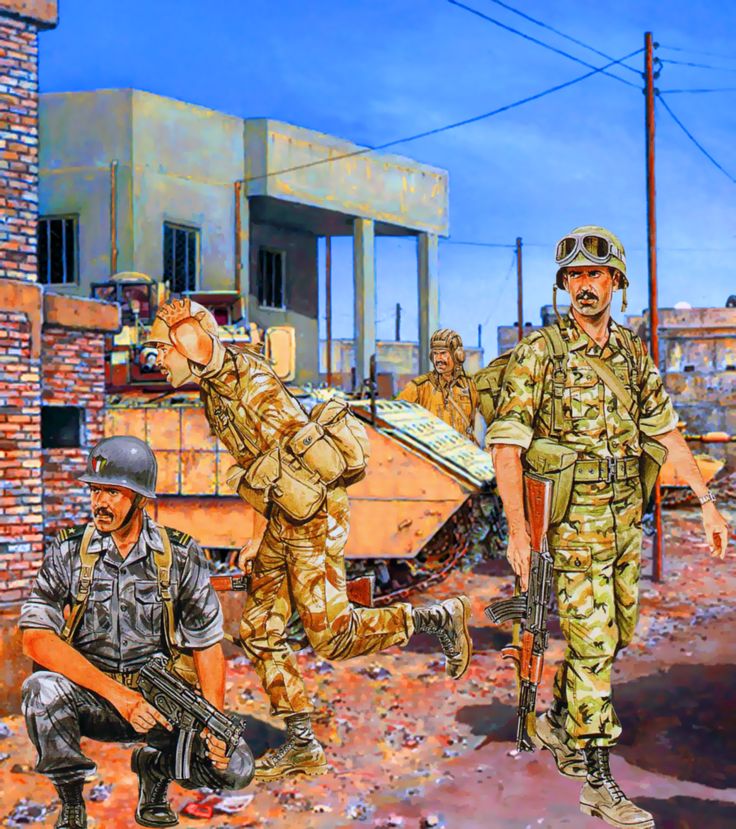 Iraqi and Kuwaiti troops during the First Gulf War Battlefield Painting, King Abdul Aziz, Iraqi Army, Military Illustration, Persian Gulf, Army Infantry, Military Drawings, Military Artwork, Desert Storm