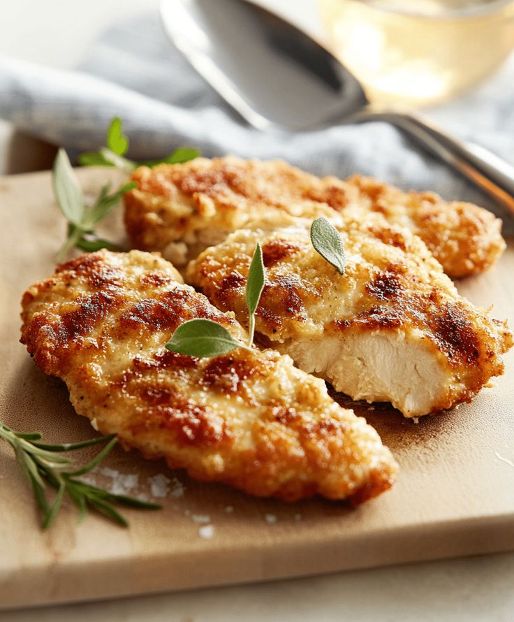 three pieces of chicken on a cutting board next to a fork and glass of wine