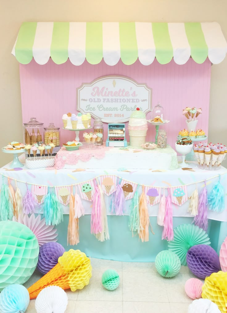 an ice cream parlor is decorated with pastel colors and tassels for dessert