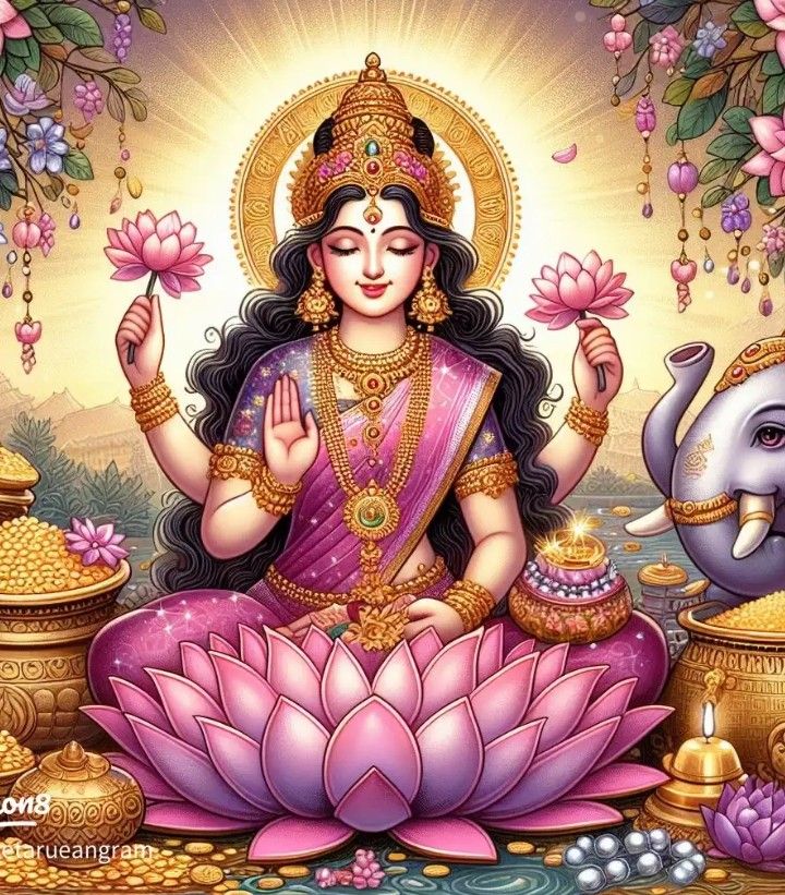 the hindu goddess sitting on top of a lotus with an elephant in front of her