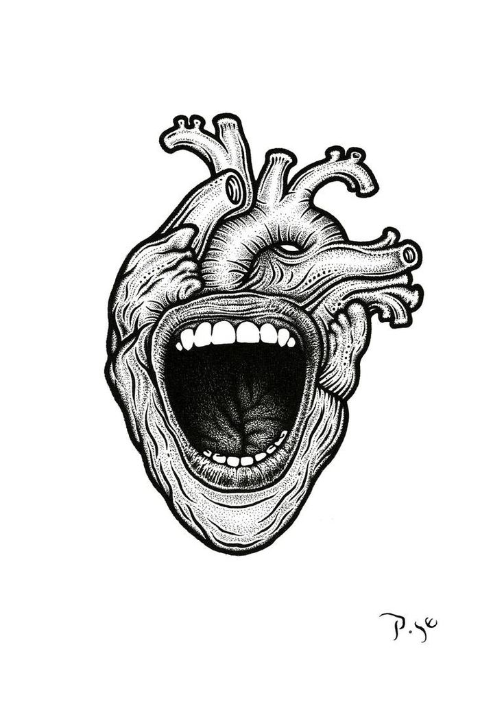 an ink drawing of a heart with its mouth open and the inside of it's teeth