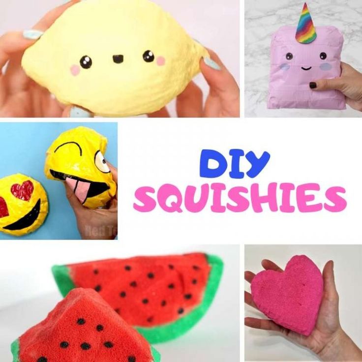 there are pictures of stuffed animals and toys in this collage with the words diy squishes