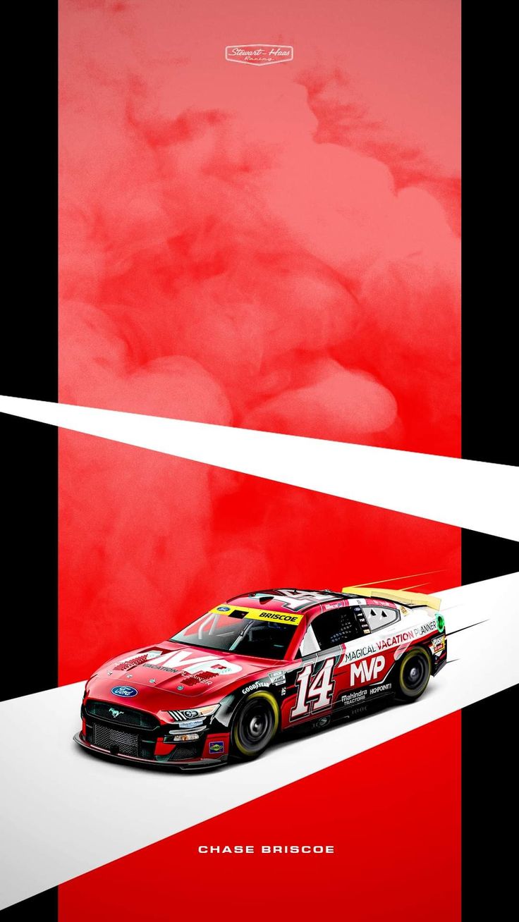 a red and white poster with a racing car in the middle of it's image