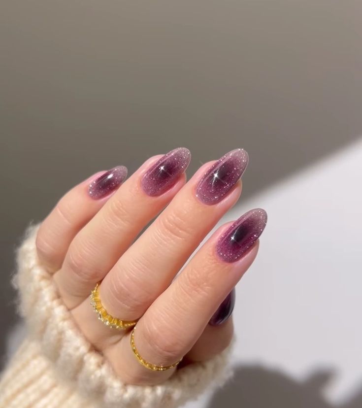 Asian Blush Nails, Purple Nails Cat Eye, Yule Nails, Purple Cat Eye Nails, Cat Eye Nails Design, Fake Nails Designs, Vintage Nails, Blush Nails, Pretty Nail Art Designs