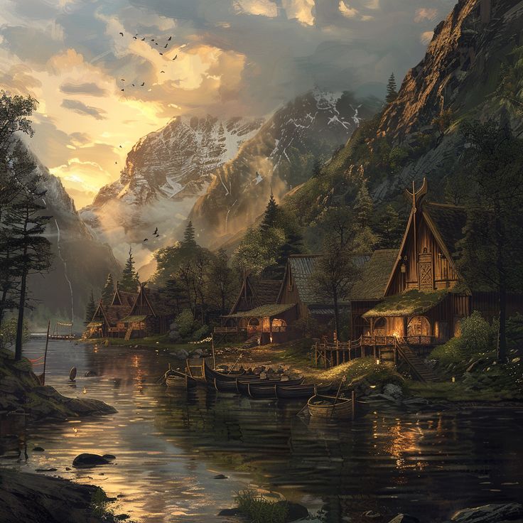 a painting of a mountain village by the water