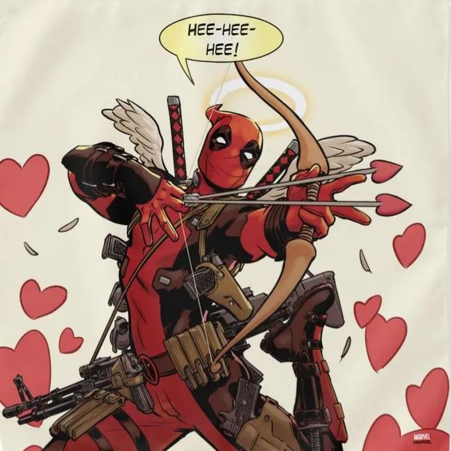 deadpool is holding a bow and arrow in front of heart shaped paper with hearts on it