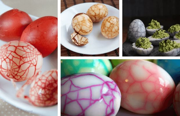 there are four different types of decorated eggs on the same plate as shown in this collage