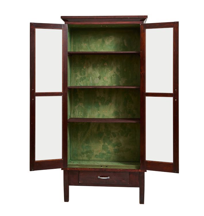 an open bookcase with glass doors on the top and bottom shelves in dark wood