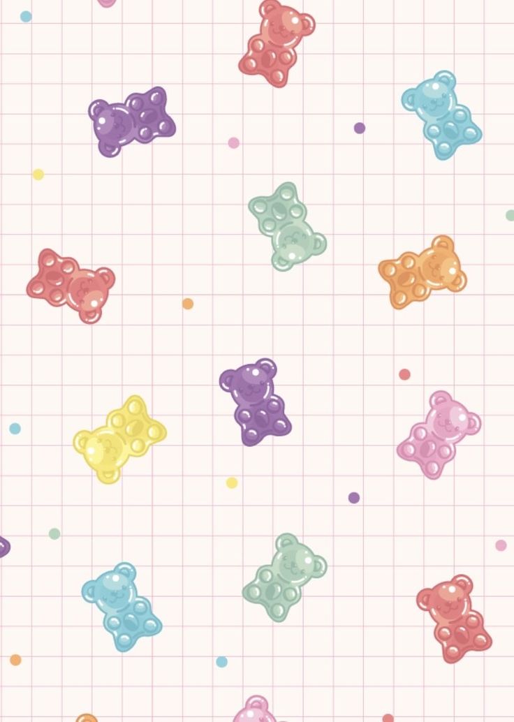 colorful gummy bears are on a pink striped background with dots and lines in pastel colors