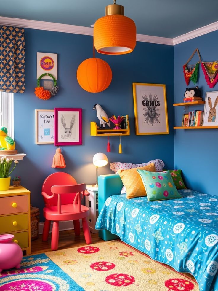 a child's bedroom with blue walls and colorful decor