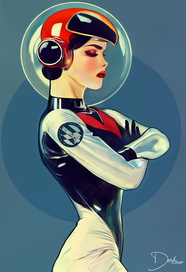 a painting of a woman with headphones on her ears and wearing a futuristic suit