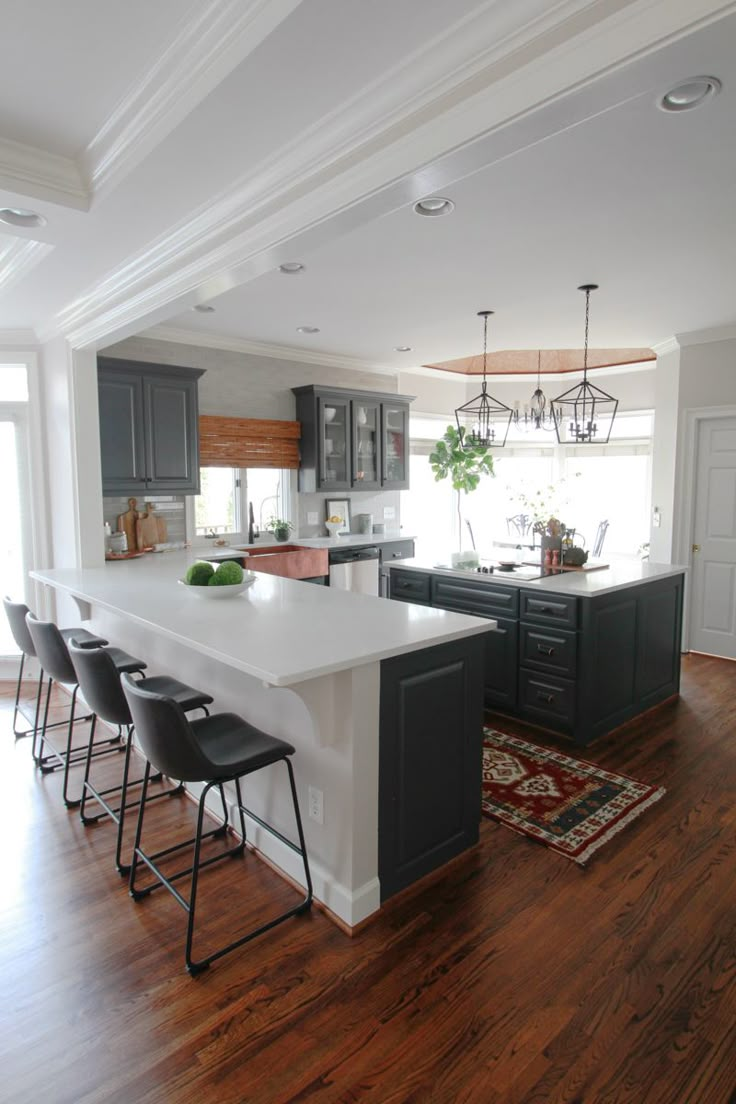 a kitchen with an island and bar stools