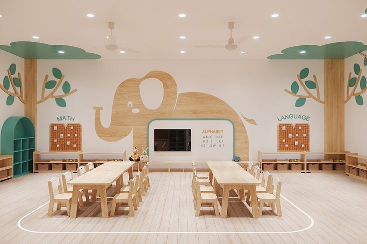 the children's room is decorated with wooden tables, benches and painted elephants on the walls