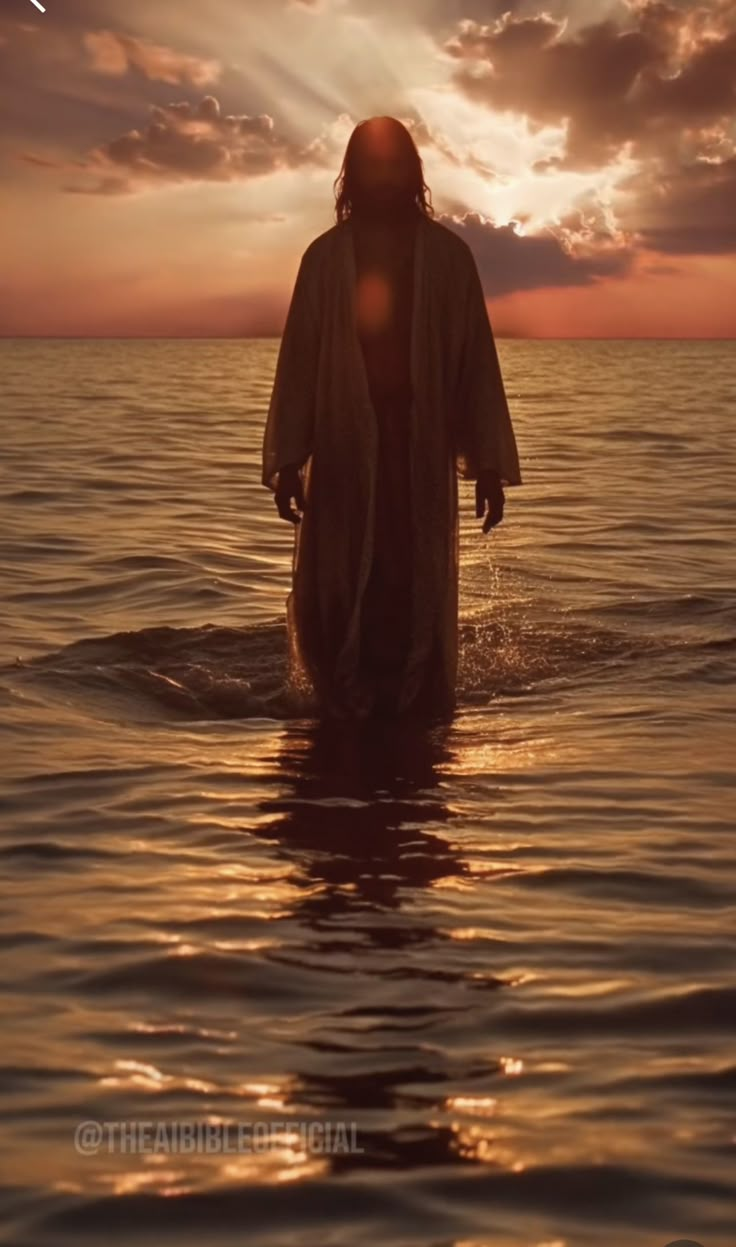 a person standing in the water at sunset