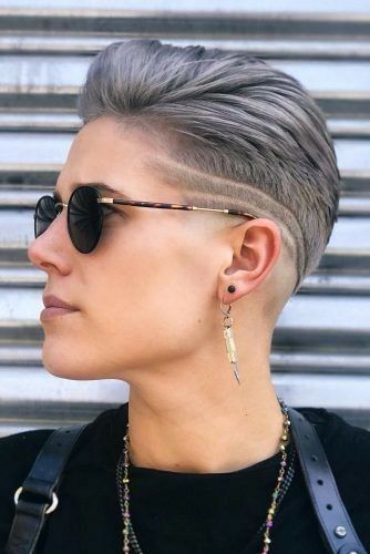 Shaved Female Hairstyles, Undercut Lines Design Women, Fade Lines Haircut, Womens Faded Short Hair, Men Shirt Haircut, Shaved Lines In Hair Women, Fades On Women, Female Fade Haircut Short Hair, Faded Buzzcut For Women