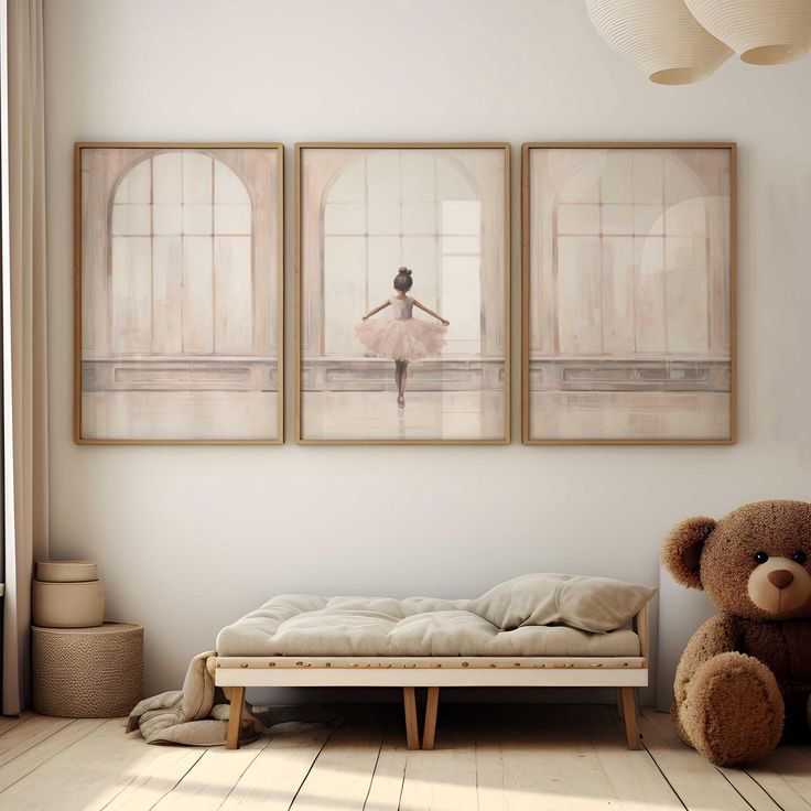 there is a teddy bear sitting next to two pictures on the wall in this room