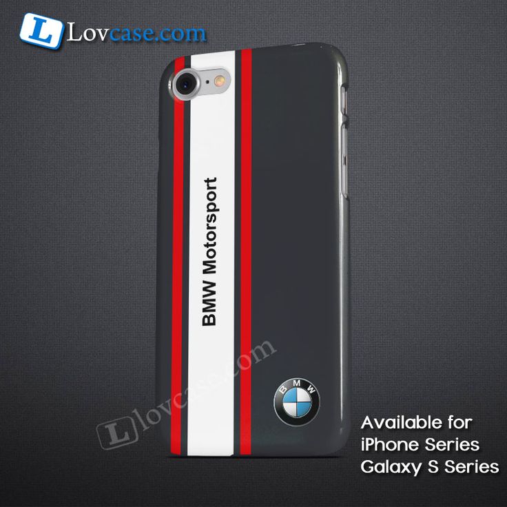 an iphone case with the bmw logo and red, white, and black stripes on it