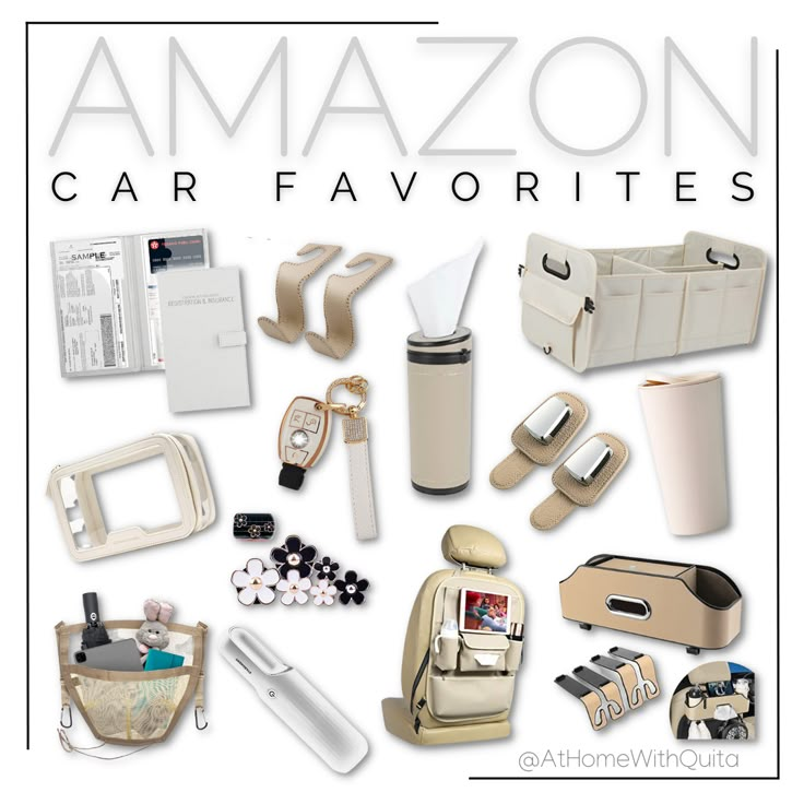 the cover of an amazon car favorites magazine with all its contents in white and beige