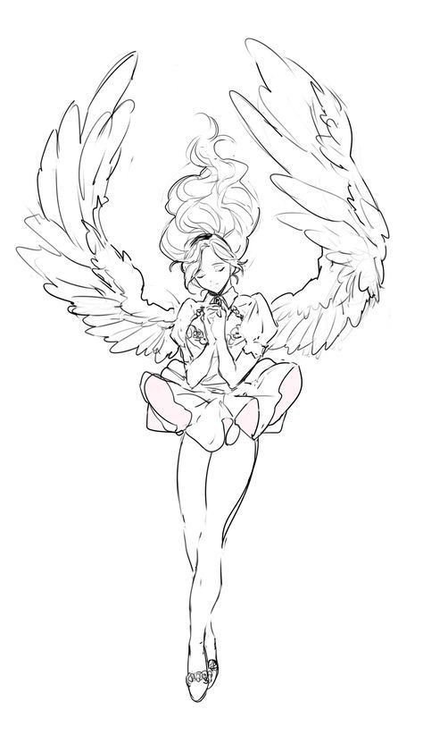 a drawing of an angel sitting on the ground with her wings spread out, looking like she