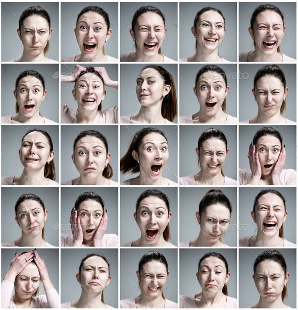 many different images of a woman making funny faces with her hands on her head and eyes open