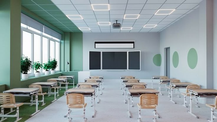 an empty classroom with desks and chairs in front of a chalkboard on the wall