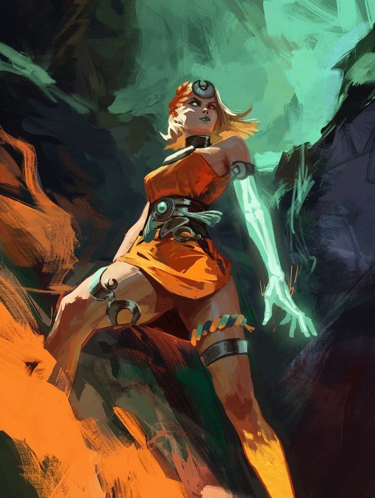 a digital painting of a woman in an orange outfit standing on top of a rock