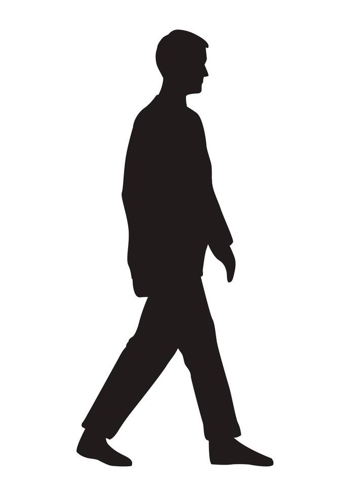 a black and white silhouette of a man walking with his head turned to the side